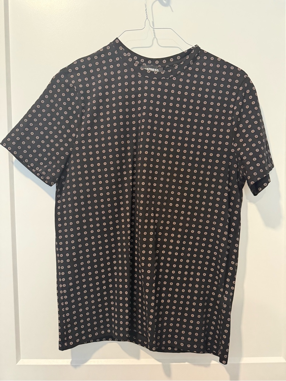 Express Black Short Sleeve Crewneck Shirt with Dot Pattern